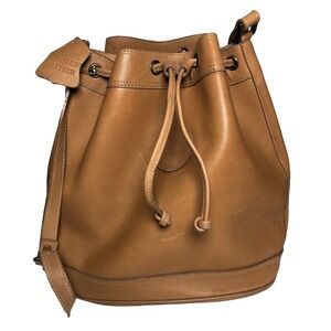 Vtg‎ 90s Top Grain Leather Bucket Bag Korea Tan Drawstring Boho STAINED